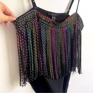 Forever 21 Rainbow Bodysuit Fringe Size Medium Festival Rainbow Blouse Sparkle